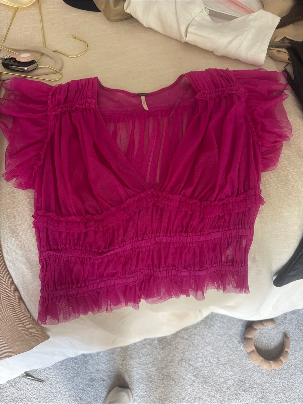 Sheer Ruffle Flutter-Sleeve Crop Top - Magenta